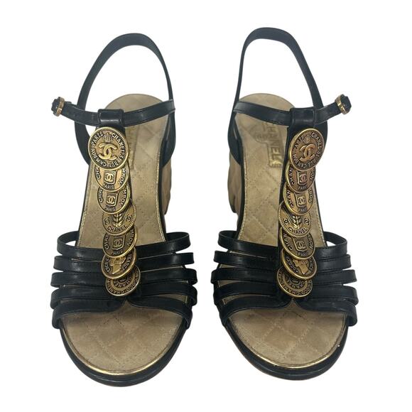 Chanel Coin Medallion Quilted Suede & Leather Heeled Wedge Sandals - Picture 10 of 16